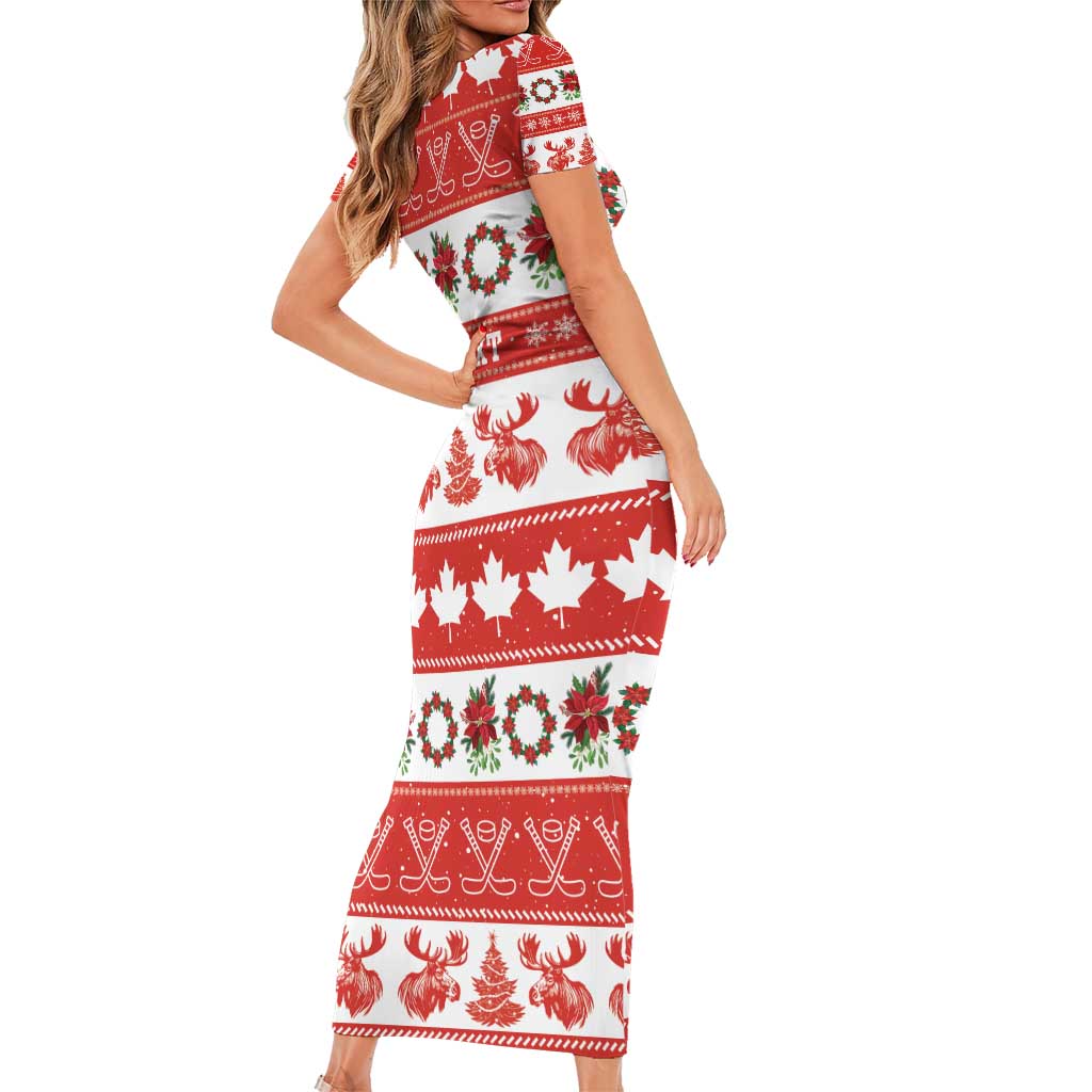 Personalised Canada Christmas Short Sleeve Bodycon Dress Canadian Moose Maple Leaf Seamless Style - Wonder Print Shop