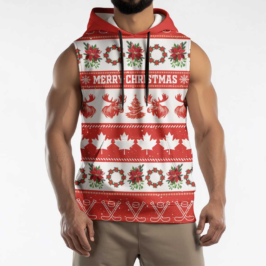 Personalised Canada Christmas Sleeveless Hoodie Canadian Moose Maple Leaf Seamless Style - Wonder Print Shop