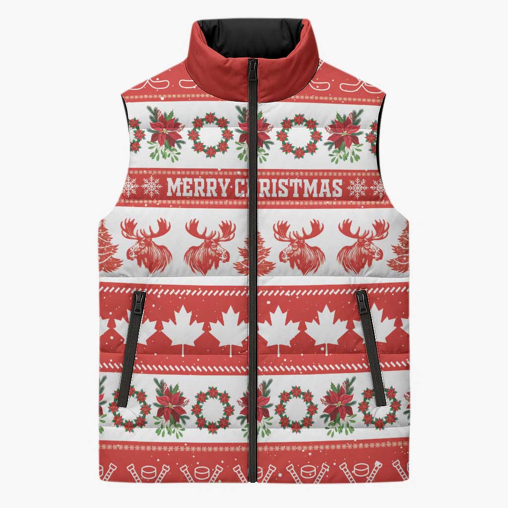 Personalised Canada Christmas Sleeveless Puffer Jacket Canadian Moose Maple Leaf Seamless Style - Wonder Print Shop