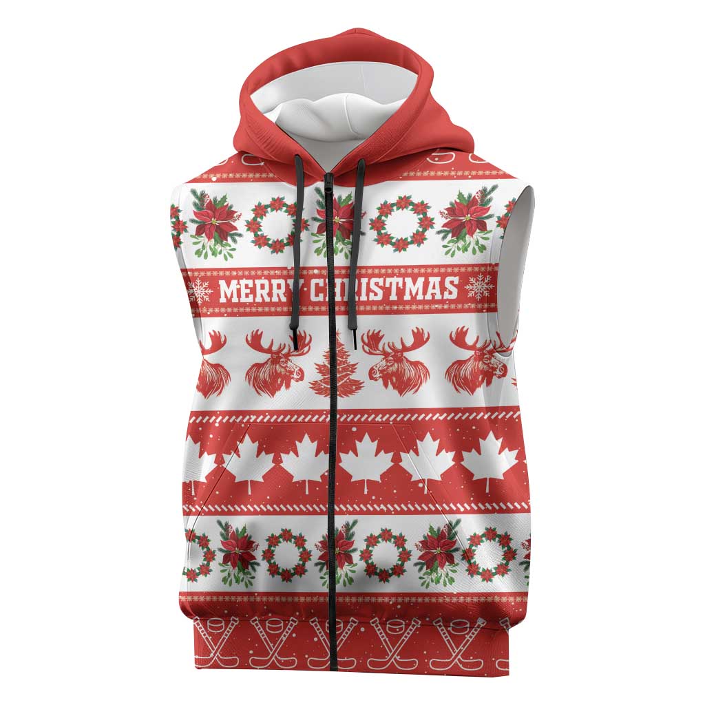 Personalised Canada Christmas Sleeveless Zip Hoodie Canadian Moose Maple Leaf Seamless Style - Wonder Print Shop