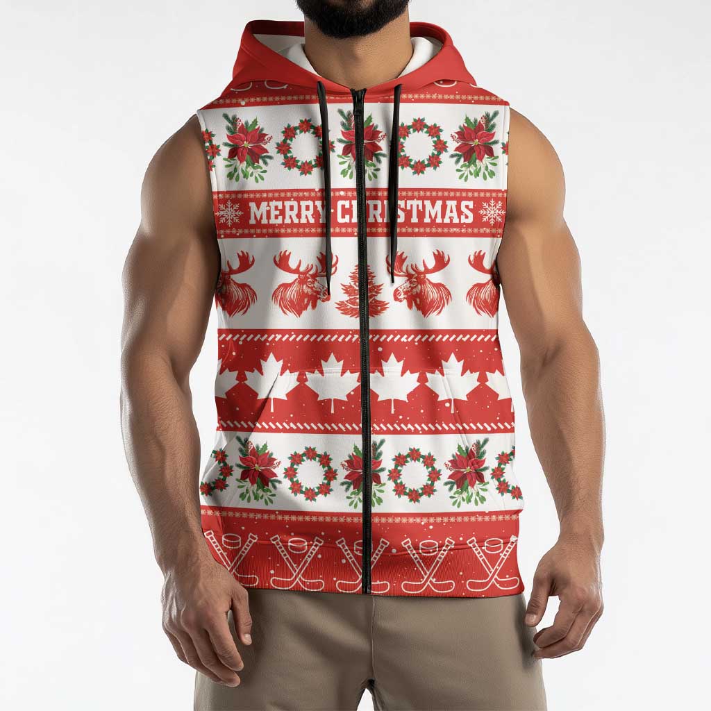 Personalised Canada Christmas Sleeveless Zip Hoodie Canadian Moose Maple Leaf Seamless Style - Wonder Print Shop