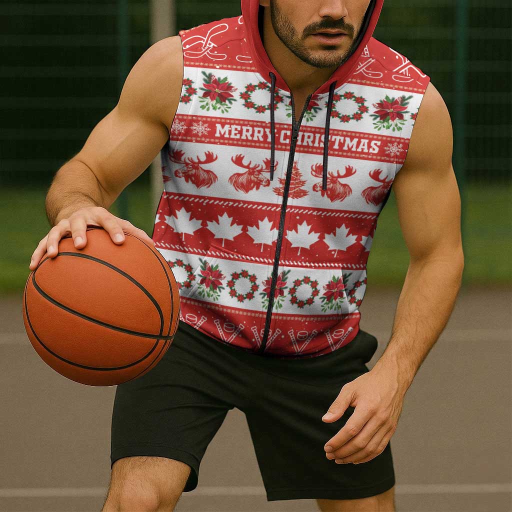 Personalised Canada Christmas Sleeveless Zip Hoodie Canadian Moose Maple Leaf Seamless Style - Wonder Print Shop
