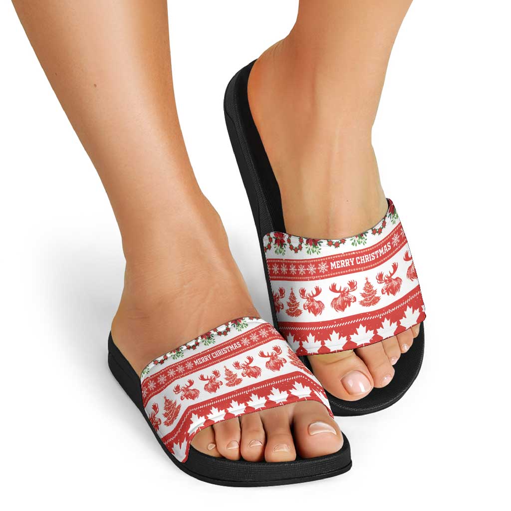Canada Christmas Slide Sandals Canadian Moose Maple Leaf Seamless Style - Wonder Print Shop