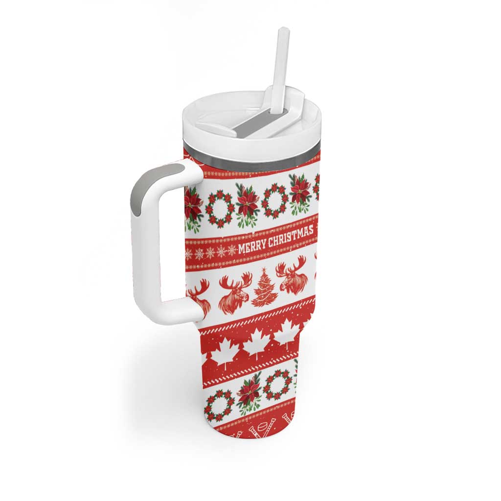 Personalised Canada Christmas Tumbler With Handle Canadian Moose Maple Leaf Seamless Style - Wonder Print Shop