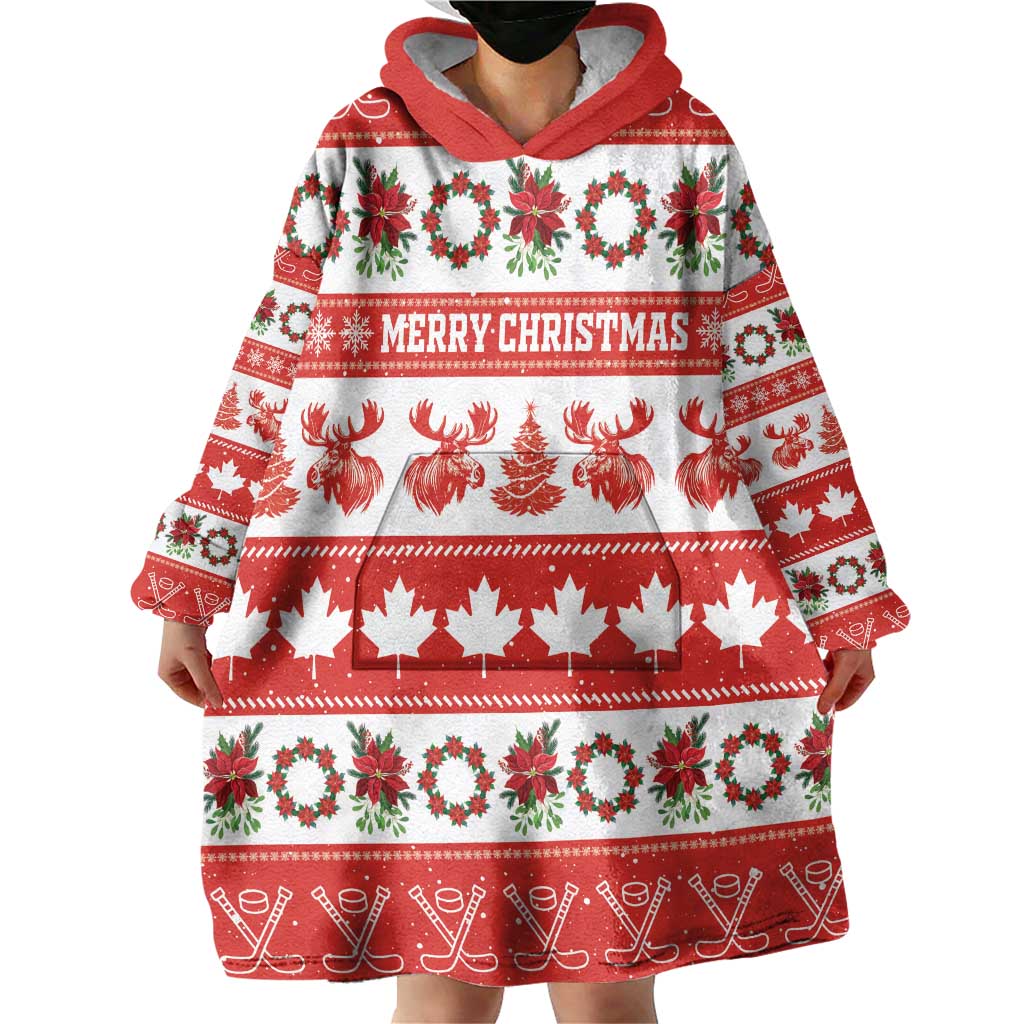 Personalised Canada Christmas Wearable Blanket Hoodie Canadian Moose Maple Leaf Seamless Style - Wonder Print Shop