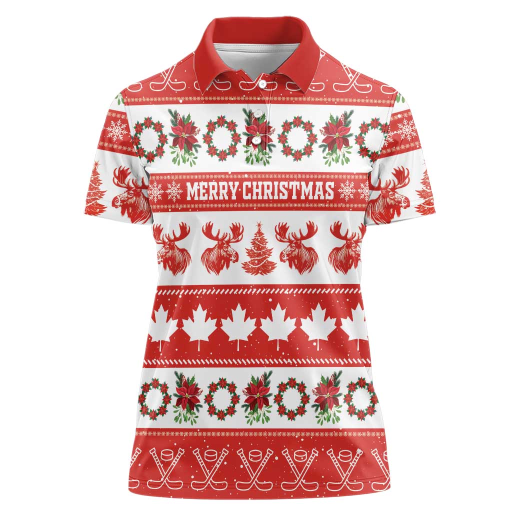 Personalised Canada Christmas Women Polo Shirt Canadian Moose Maple Leaf Seamless Style - Wonder Print Shop