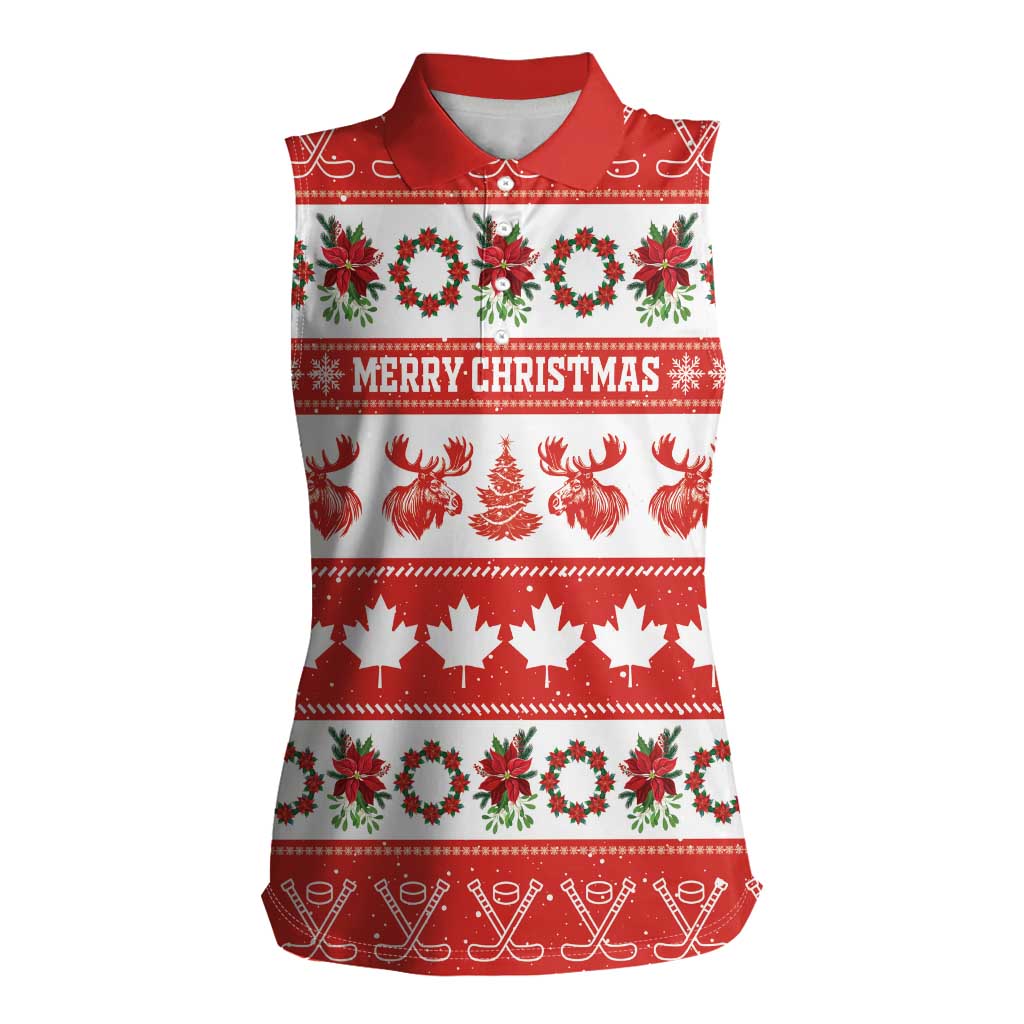 Personalised Canada Christmas Women Sleeveless Polo Shirt Canadian Moose Maple Leaf Seamless Style - Wonder Print Shop