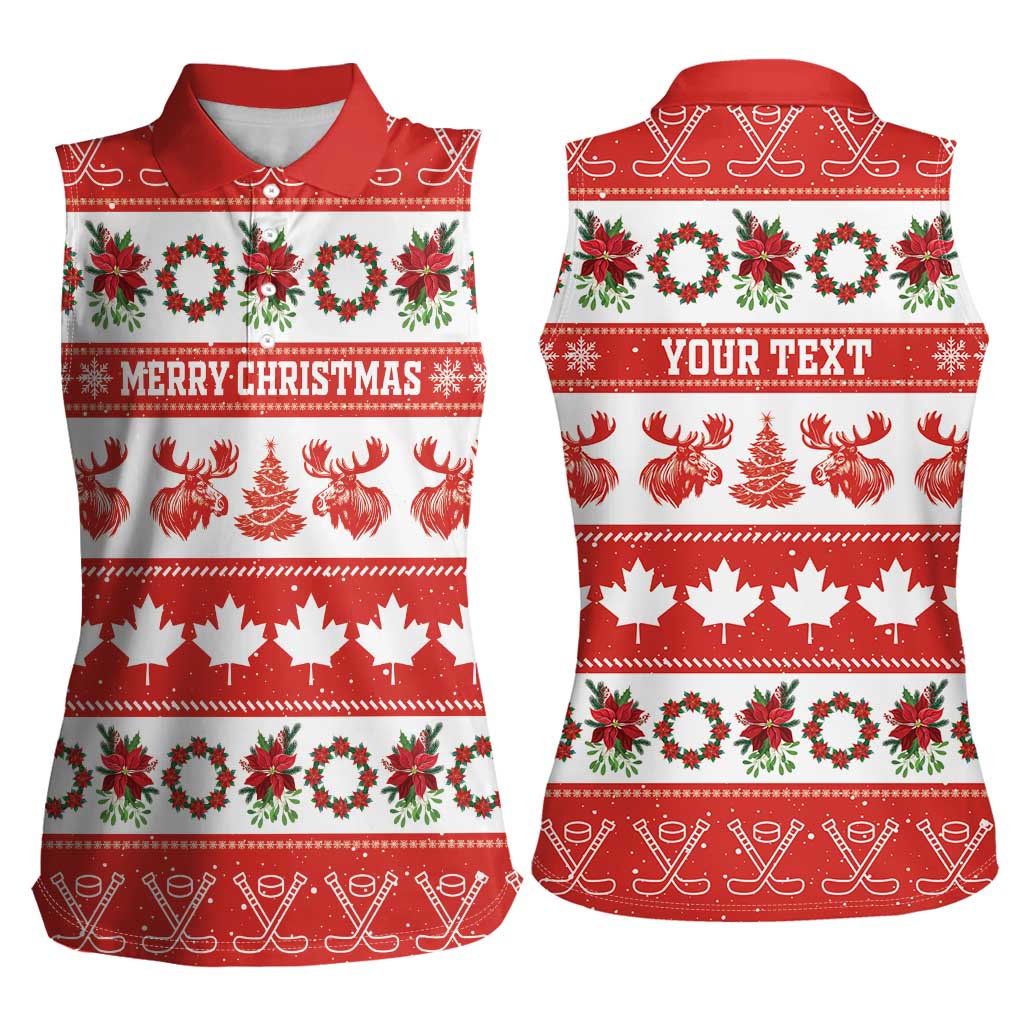 Personalised Canada Christmas Women Sleeveless Polo Shirt Canadian Moose Maple Leaf Seamless Style - Wonder Print Shop
