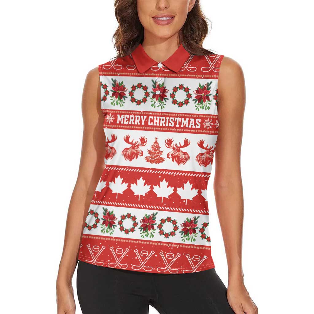 Personalised Canada Christmas Women Sleeveless Polo Shirt Canadian Moose Maple Leaf Seamless Style - Wonder Print Shop