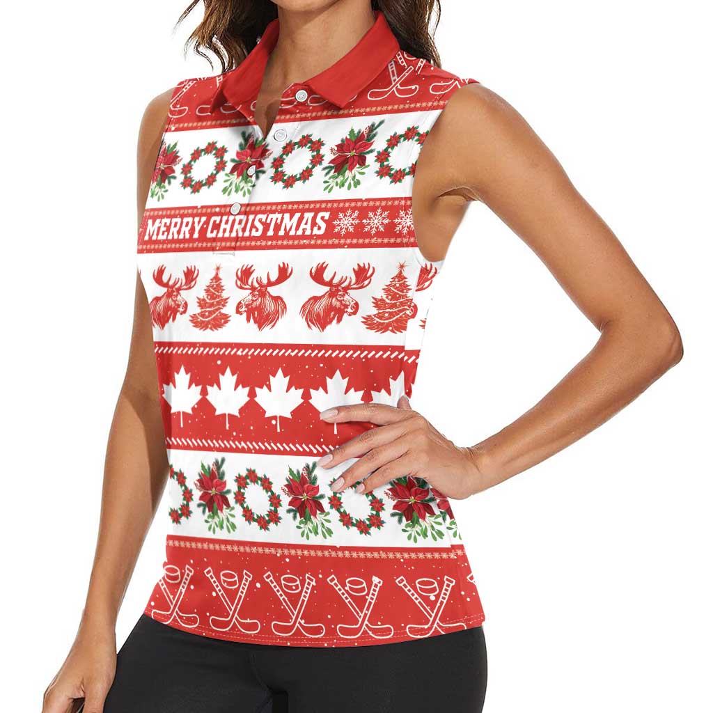 Personalised Canada Christmas Women Sleeveless Polo Shirt Canadian Moose Maple Leaf Seamless Style - Wonder Print Shop