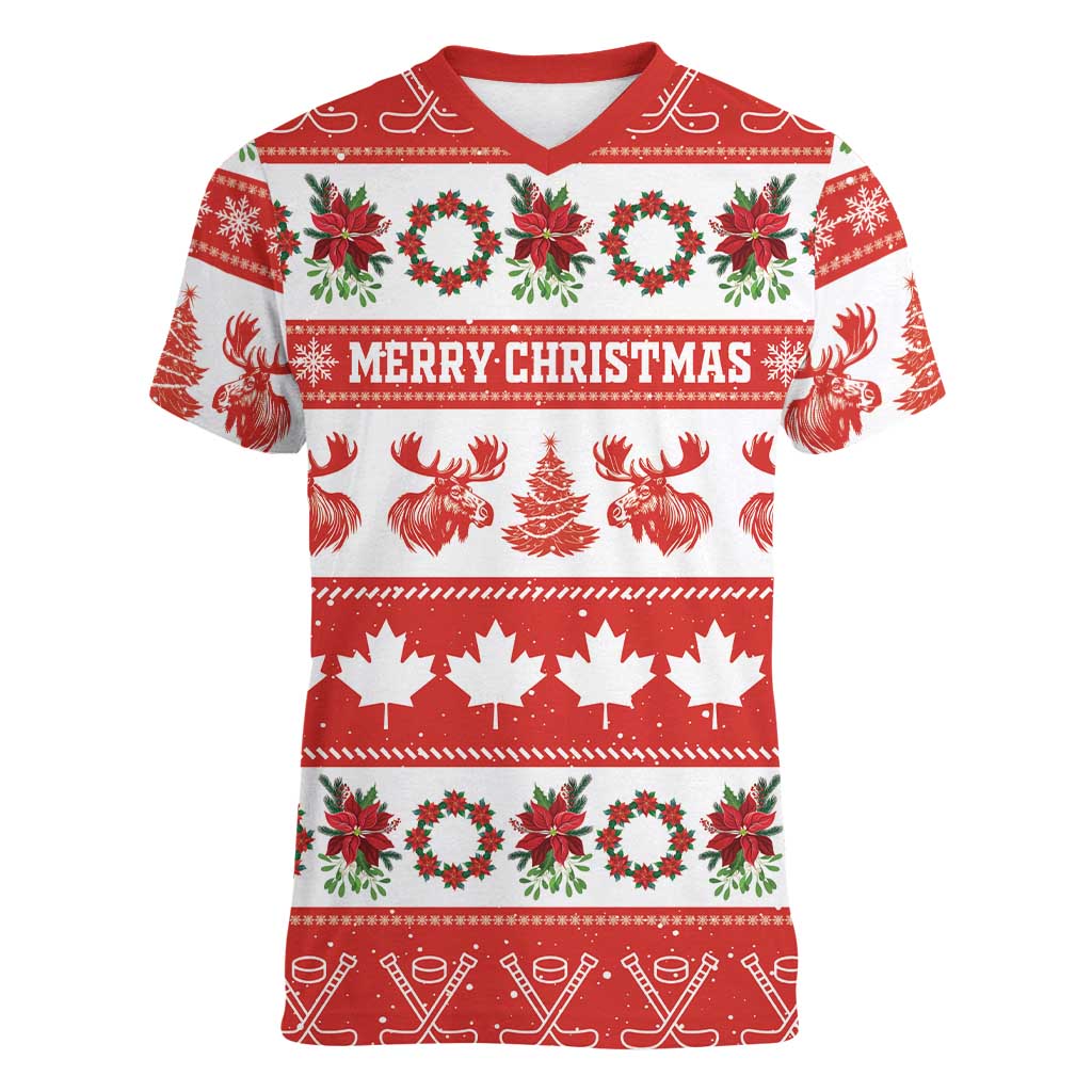 Personalised Canada Christmas Women V-Neck T-Shirt Canadian Moose Maple Leaf Seamless Style - Wonder Print Shop