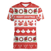 Personalised Canada Christmas Women V-Neck T-Shirt Canadian Moose Maple Leaf Seamless Style - Wonder Print Shop