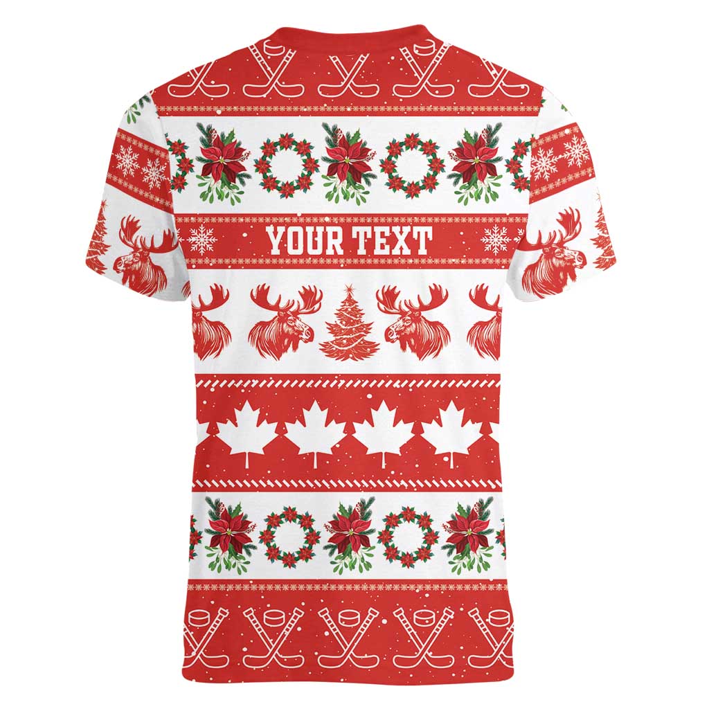 Personalised Canada Christmas Women V-Neck T-Shirt Canadian Moose Maple Leaf Seamless Style - Wonder Print Shop