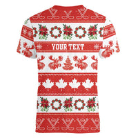 Personalised Canada Christmas Women V-Neck T-Shirt Canadian Moose Maple Leaf Seamless Style - Wonder Print Shop