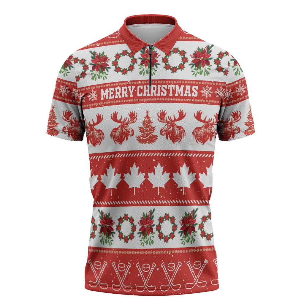 Personalised Canada Christmas Zipper Polo Shirt Canadian Moose Maple Leaf Seamless Style - Wonder Print Shop