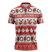 Personalised Canada Christmas Zipper Polo Shirt Canadian Moose Maple Leaf Seamless Style - Wonder Print Shop