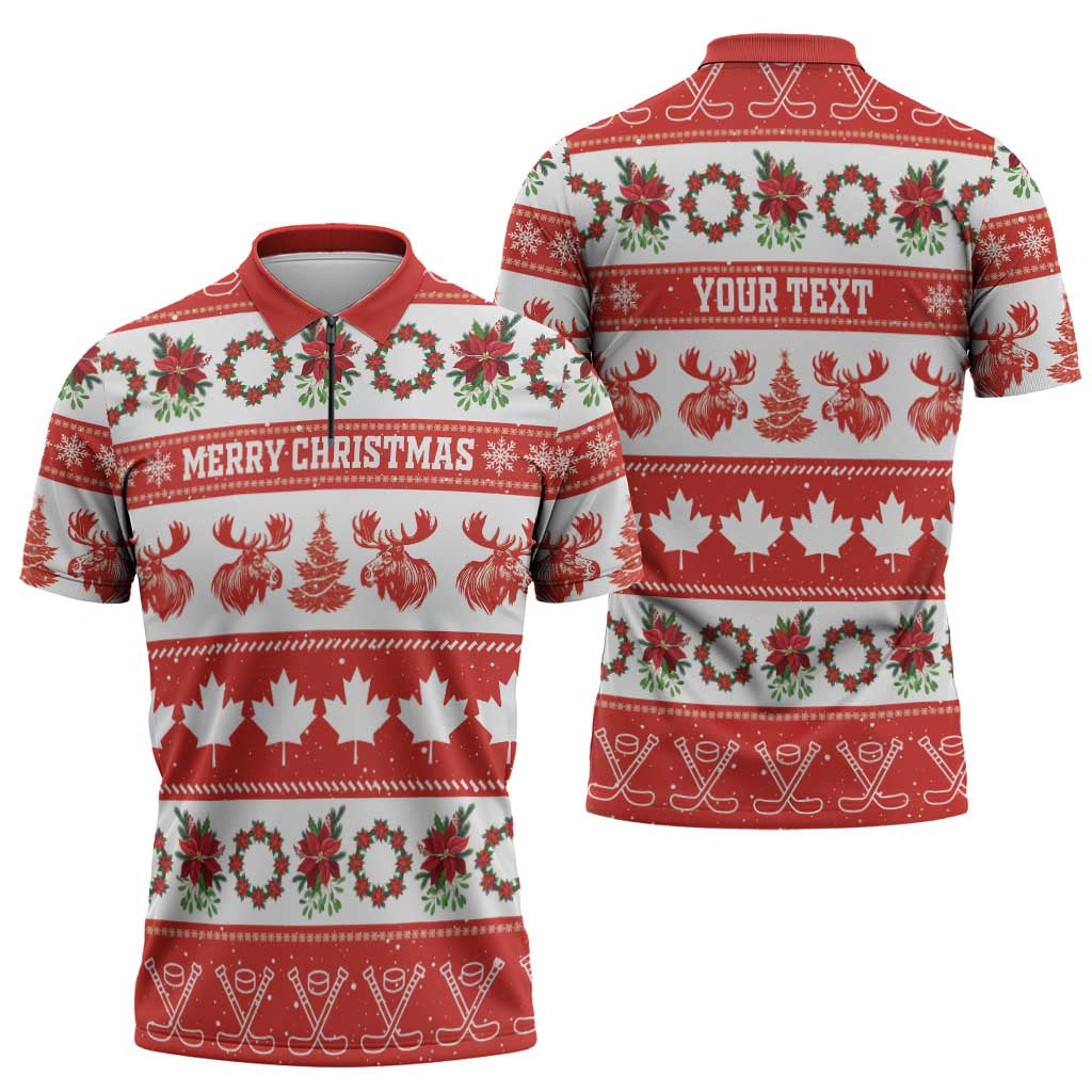 Personalised Canada Christmas Zipper Polo Shirt Canadian Moose Maple Leaf Seamless Style - Wonder Print Shop