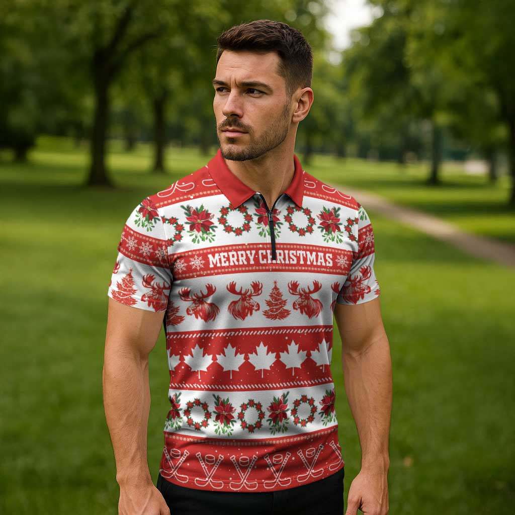 Personalised Canada Christmas Zipper Polo Shirt Canadian Moose Maple Leaf Seamless Style - Wonder Print Shop