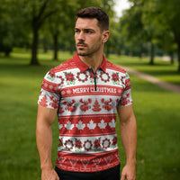 Personalised Canada Christmas Zipper Polo Shirt Canadian Moose Maple Leaf Seamless Style - Wonder Print Shop