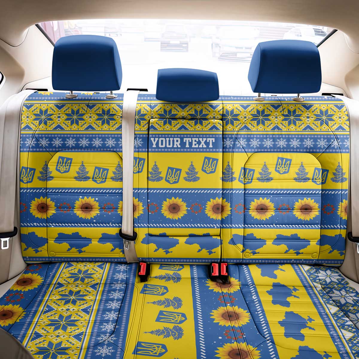 Ukraine Christmas Back Car Seat Cover Tryzub With Map Folk Pattern - Wonder Print Shop