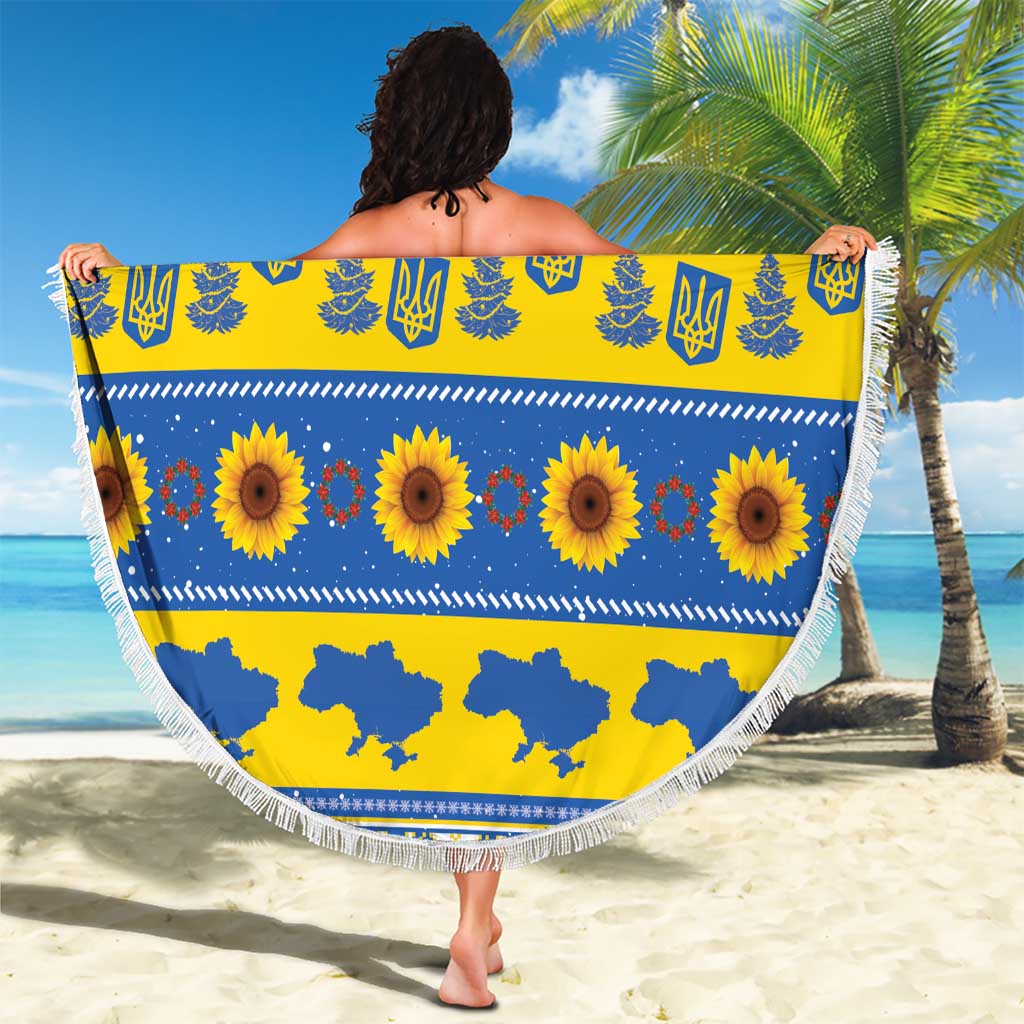 Ukraine Christmas Beach Blanket Tryzub With Map Folk Pattern - Wonder Print Shop