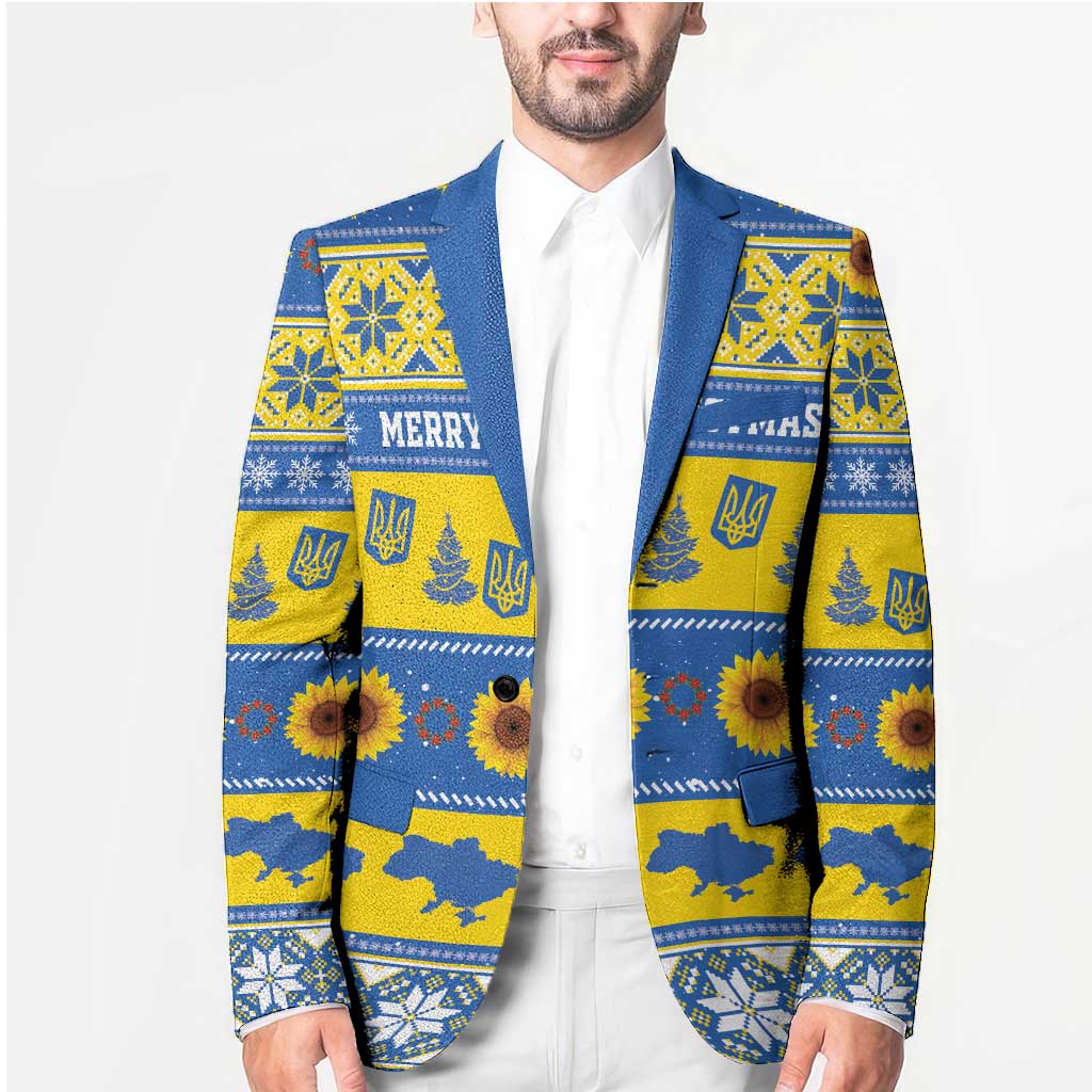 Personalised Ukraine Christmas Blazer Tryzub With Map Folk Pattern - Wonder Print Shop