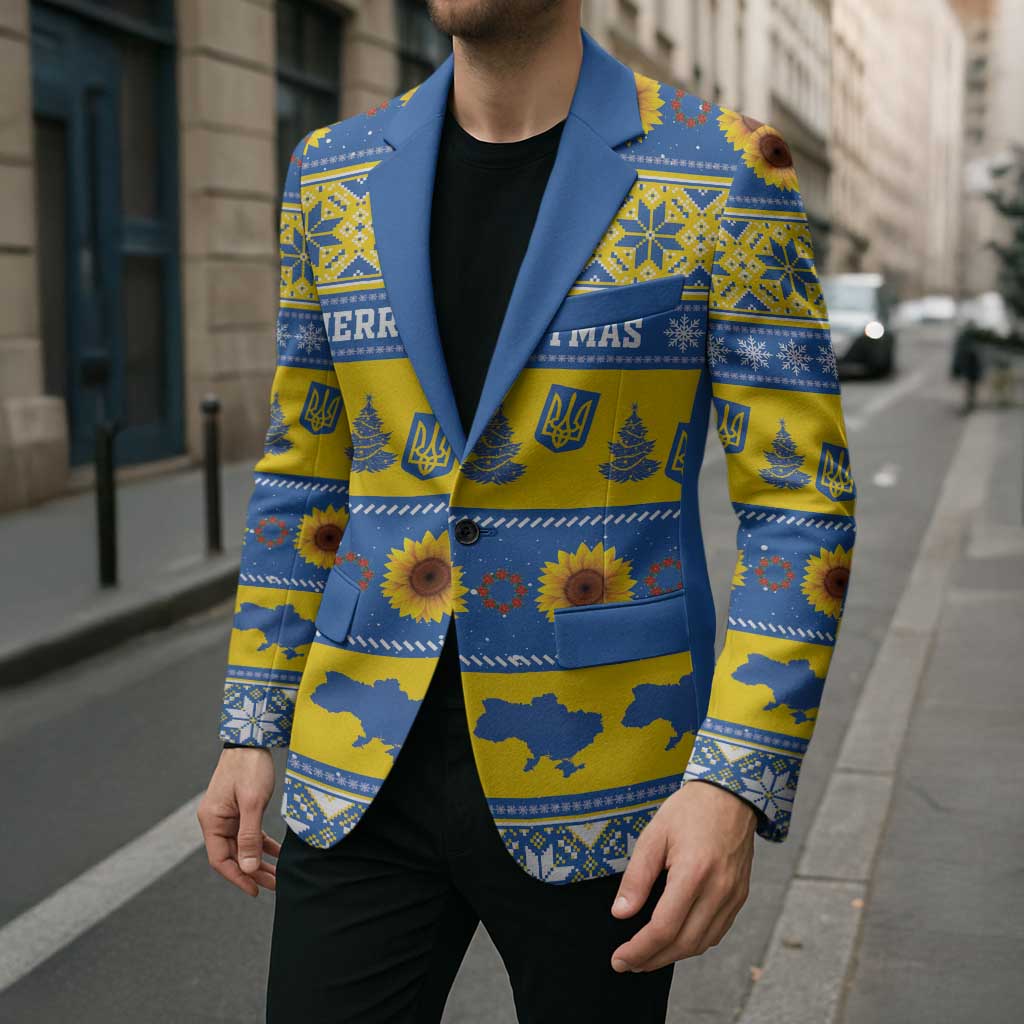 Personalised Ukraine Christmas Blazer Tryzub With Map Folk Pattern - Wonder Print Shop