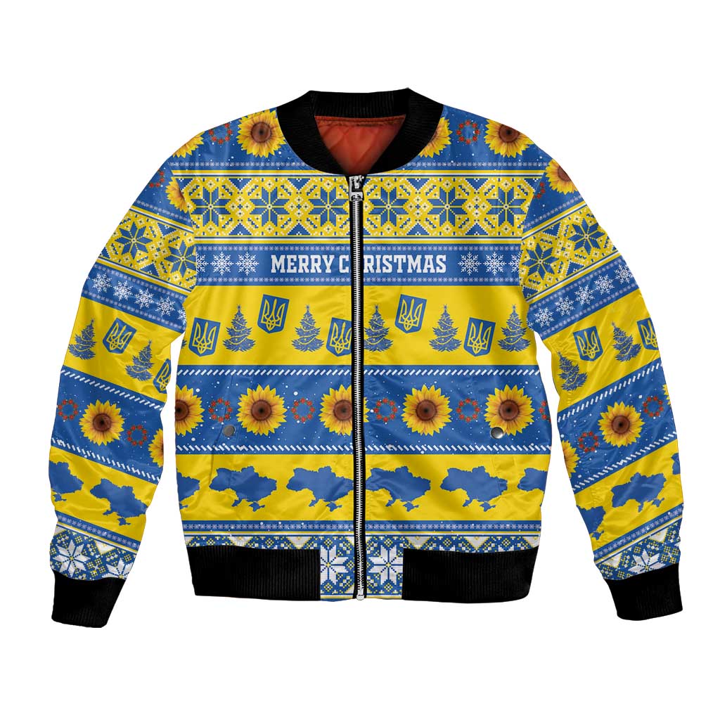 Personalised Ukraine Christmas Bomber Jacket Tryzub With Map Folk Pattern - Wonder Print Shop
