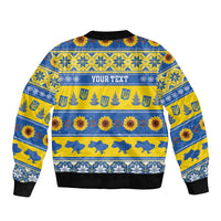 Personalised Ukraine Christmas Bomber Jacket Tryzub With Map Folk Pattern - Wonder Print Shop