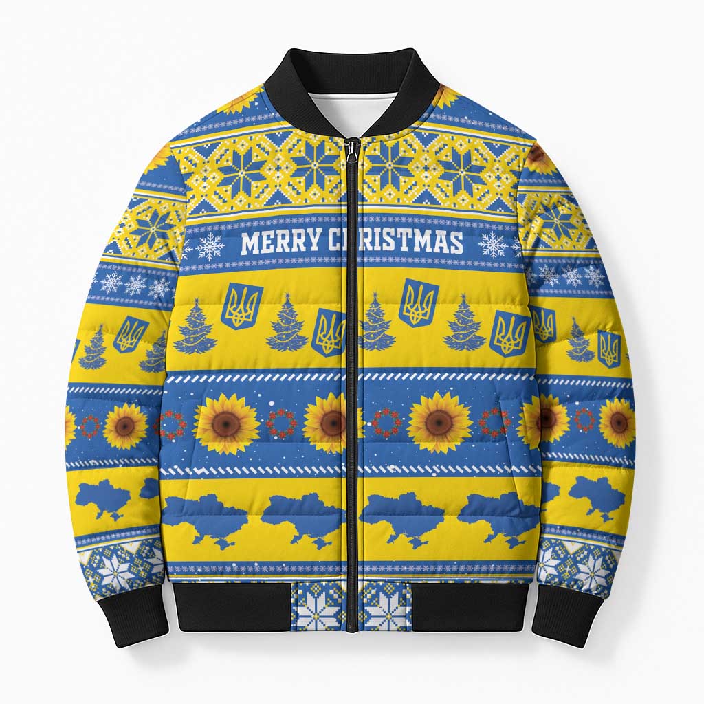 Personalised Ukraine Christmas Bomber Puffer Jacket Tryzub With Map Folk Pattern - Wonder Print Shop