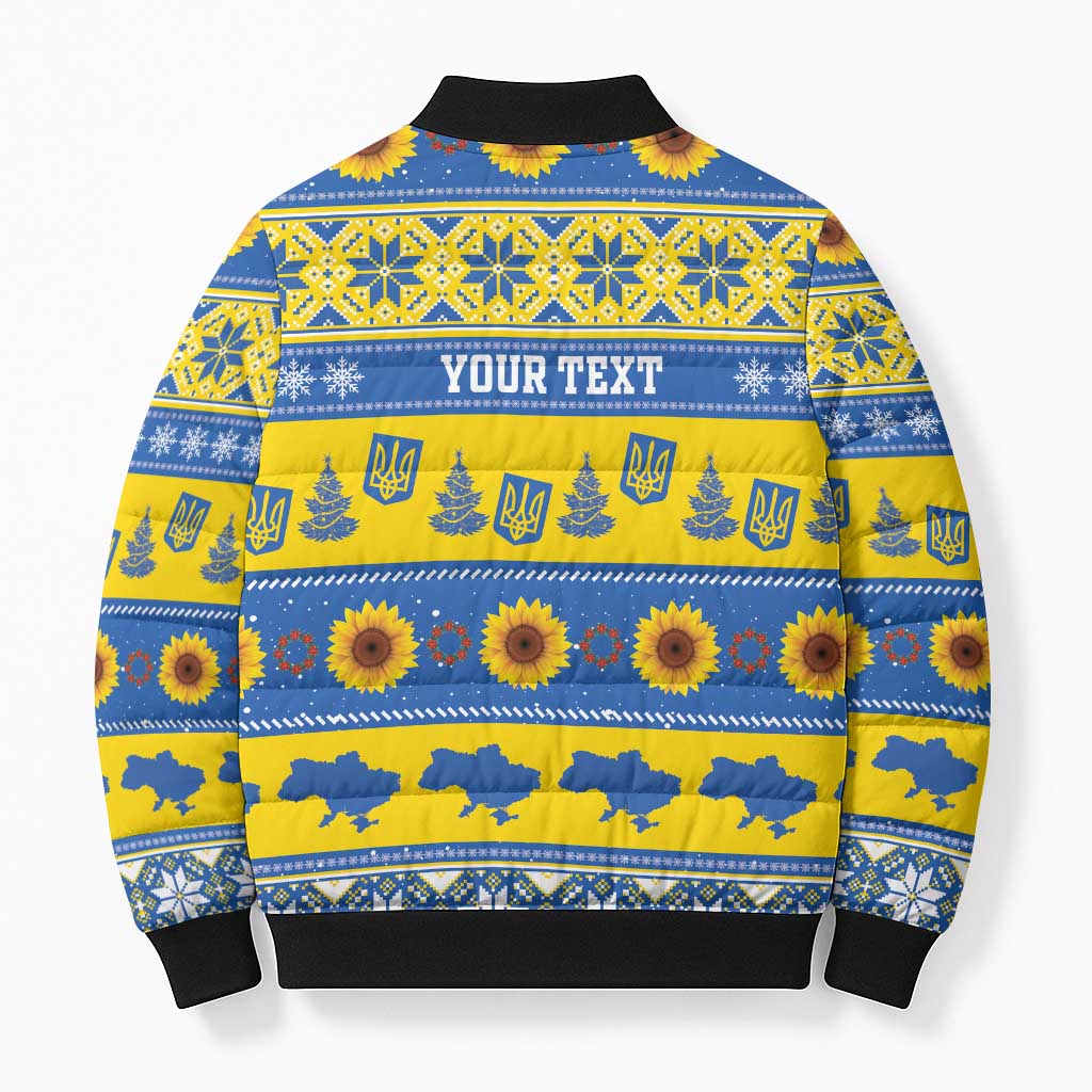 Personalised Ukraine Christmas Bomber Puffer Jacket Tryzub With Map Folk Pattern - Wonder Print Shop