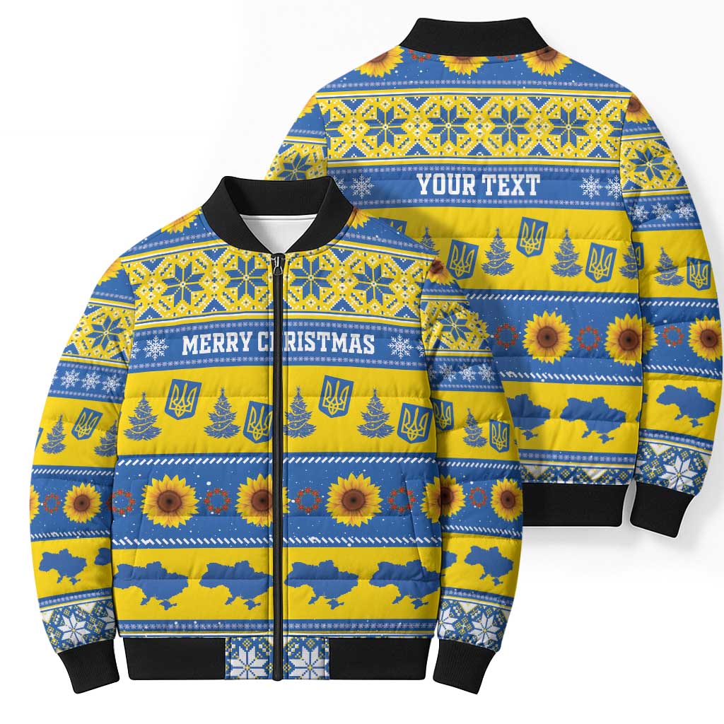 Personalised Ukraine Christmas Bomber Puffer Jacket Tryzub With Map Folk Pattern - Wonder Print Shop