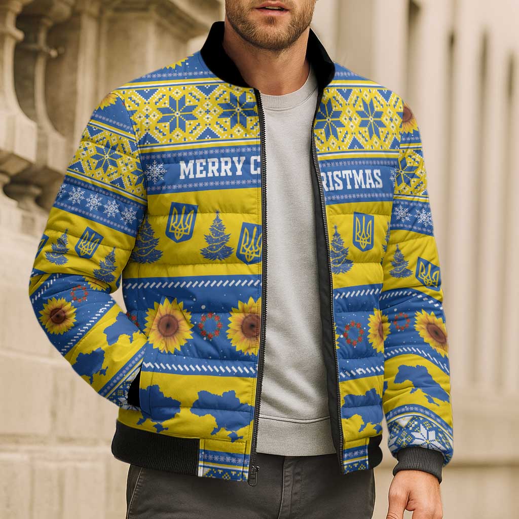 Personalised Ukraine Christmas Bomber Puffer Jacket Tryzub With Map Folk Pattern - Wonder Print Shop