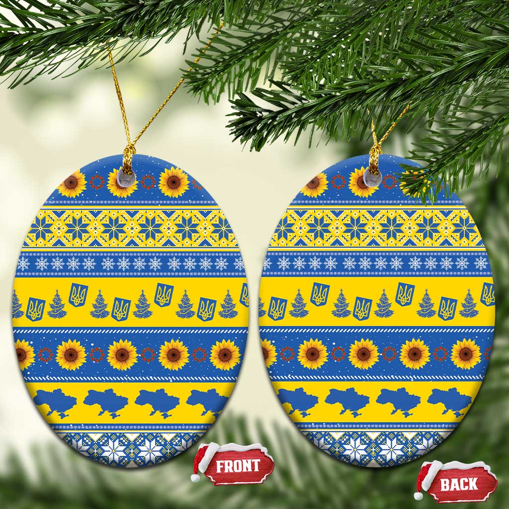 Ukraine Christmas Ceramic Ornament Tryzub With Map Folk Pattern - Wonder Print Shop