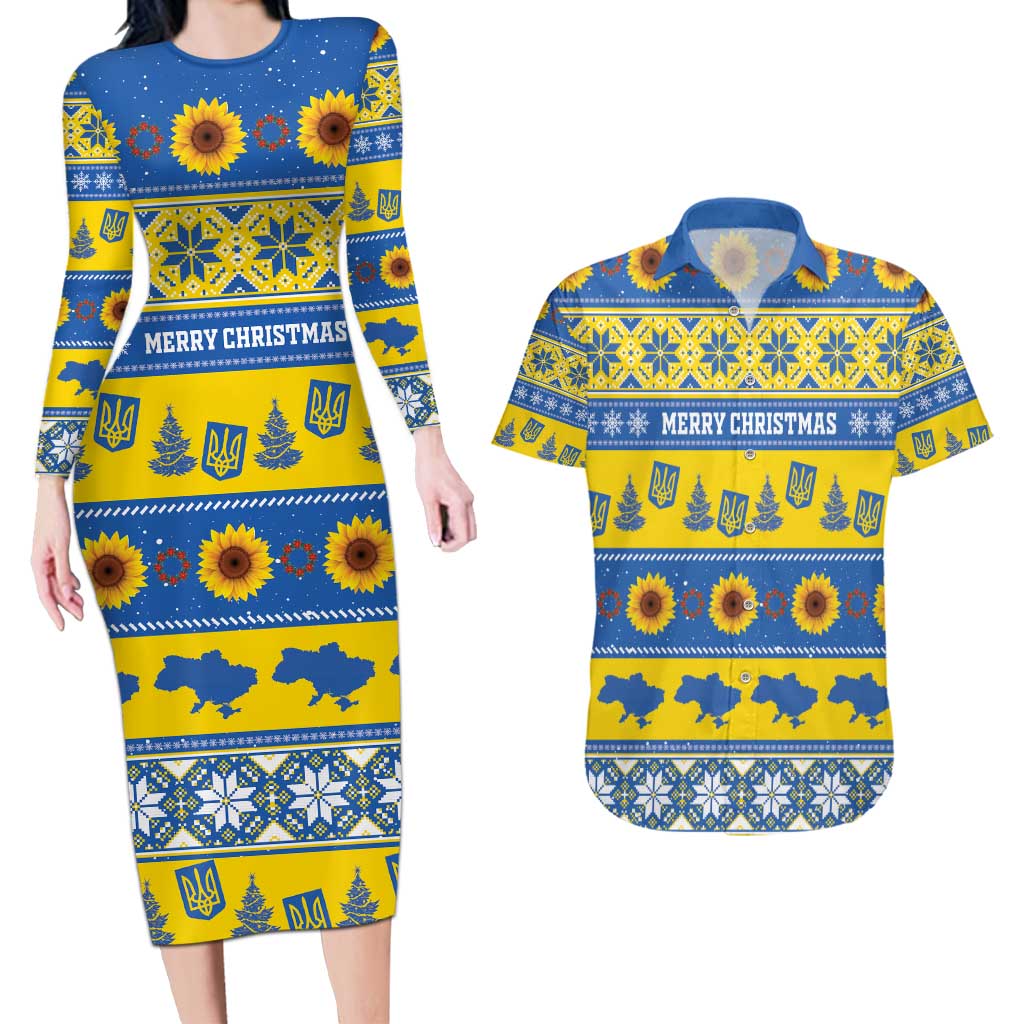 Personalised Ukraine Christmas Couples Matching Long Sleeve Bodycon Dress and Hawaiian Shirt Tryzub With Map Folk Pattern - Wonder Print Shop