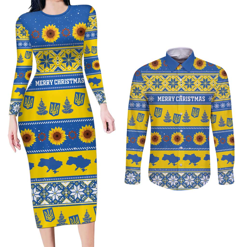 Personalised Ukraine Christmas Couples Matching Long Sleeve Bodycon Dress and Long Sleeve Button Shirt Tryzub With Map Folk Pattern - Wonder Print Shop