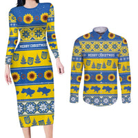 Personalised Ukraine Christmas Couples Matching Long Sleeve Bodycon Dress and Long Sleeve Button Shirt Tryzub With Map Folk Pattern - Wonder Print Shop