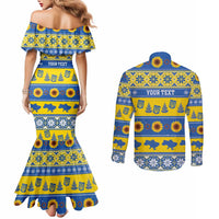 Personalised Ukraine Christmas Couples Matching Mermaid Dress and Long Sleeve Button Shirt Tryzub With Map Folk Pattern - Wonder Print Shop