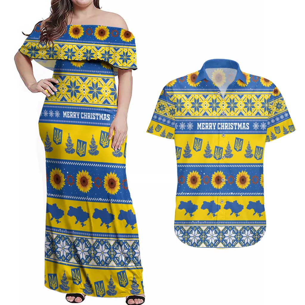 Personalised Ukraine Christmas Couples Matching Off Shoulder Maxi Dress and Hawaiian Shirt Tryzub With Map Folk Pattern - Wonder Print Shop