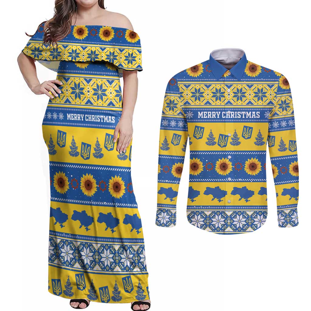 Personalised Ukraine Christmas Couples Matching Off Shoulder Maxi Dress and Long Sleeve Button Shirt Tryzub With Map Folk Pattern - Wonder Print Shop