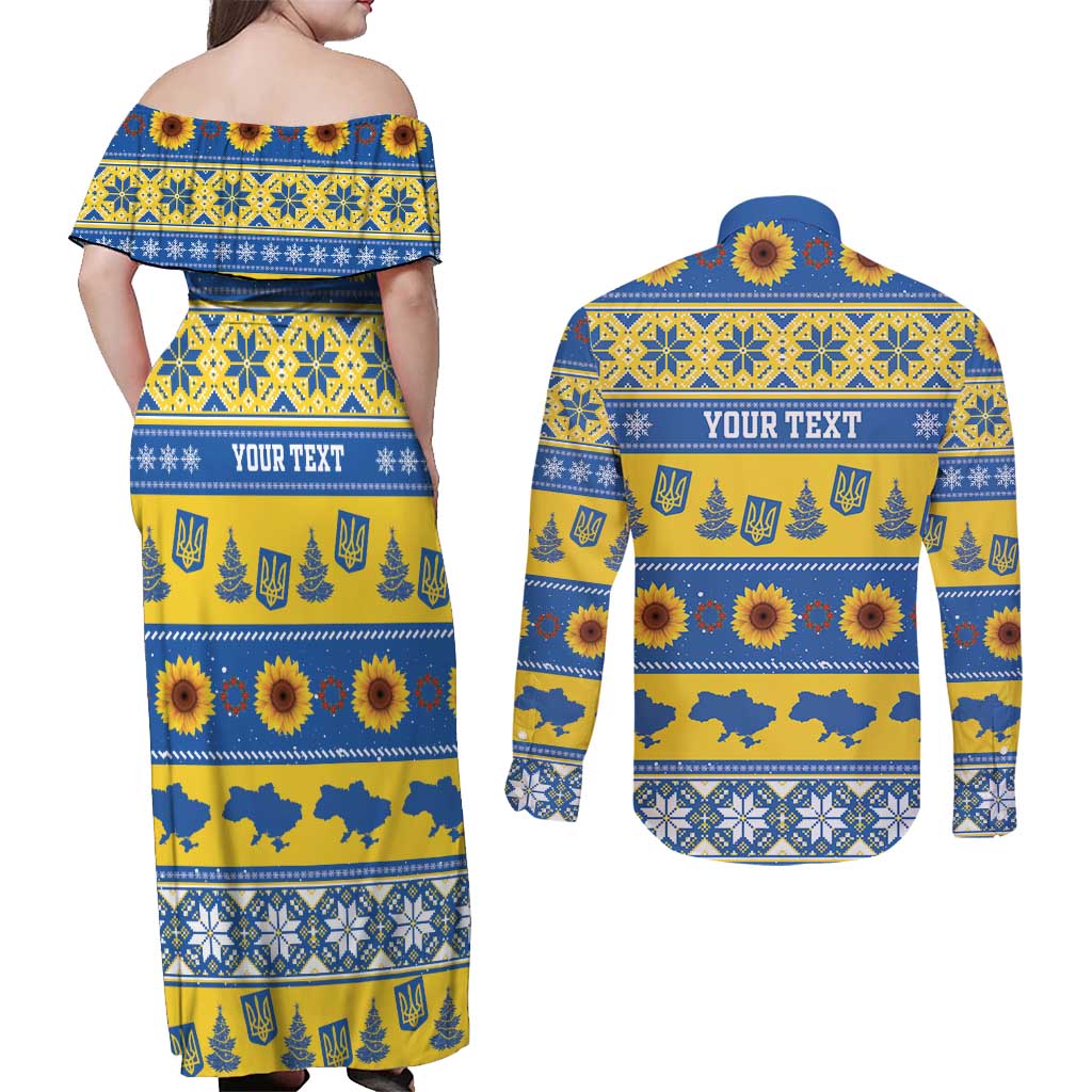 Personalised Ukraine Christmas Couples Matching Off Shoulder Maxi Dress and Long Sleeve Button Shirt Tryzub With Map Folk Pattern - Wonder Print Shop