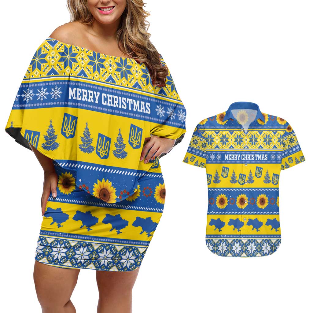 Personalised Ukraine Christmas Couples Matching Off Shoulder Short Dress and Hawaiian Shirt Tryzub With Map Folk Pattern - Wonder Print Shop