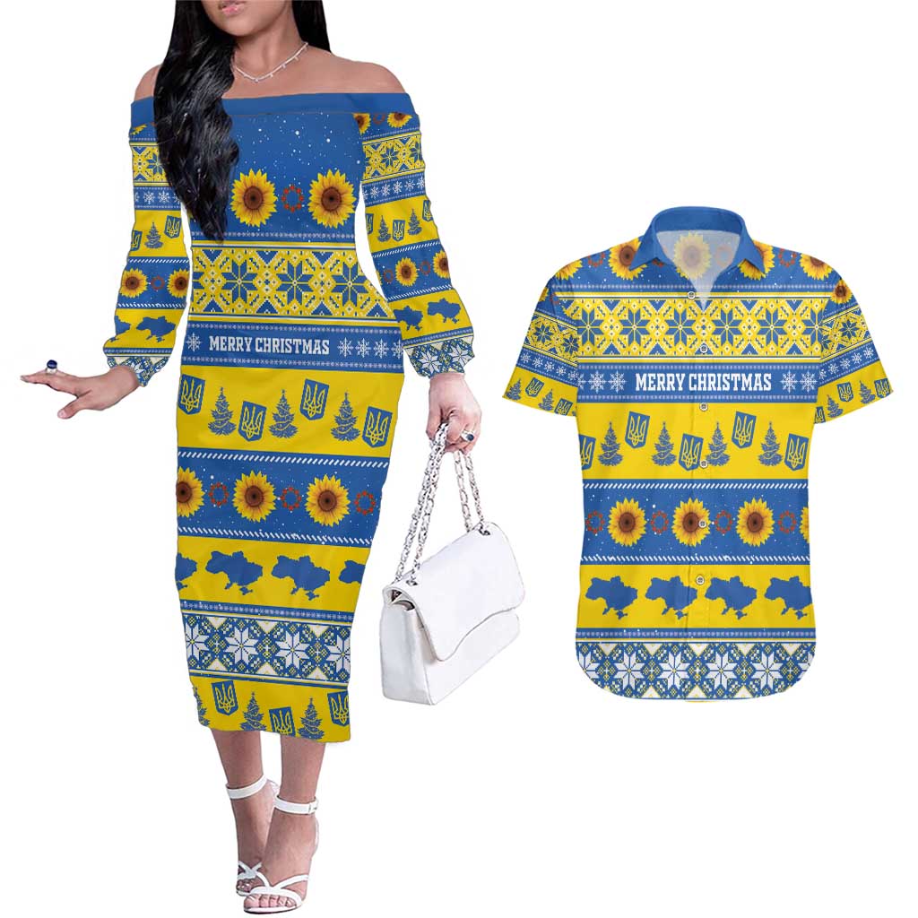 Personalised Ukraine Christmas Couples Matching Off The Shoulder Long Sleeve Dress and Hawaiian Shirt Tryzub With Map Folk Pattern - Wonder Print Shop