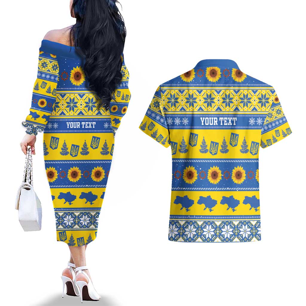 Personalised Ukraine Christmas Couples Matching Off The Shoulder Long Sleeve Dress and Hawaiian Shirt Tryzub With Map Folk Pattern - Wonder Print Shop