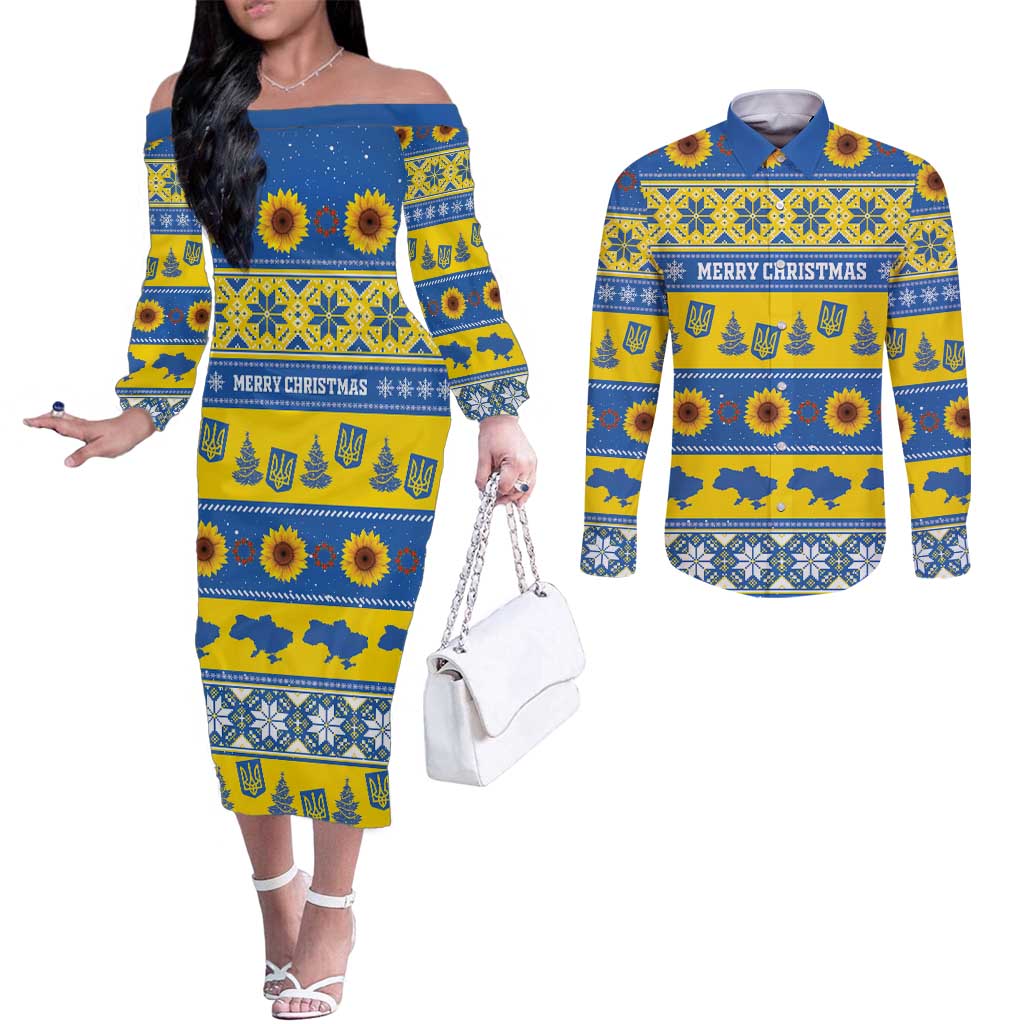 Personalised Ukraine Christmas Couples Matching Off The Shoulder Long Sleeve Dress and Long Sleeve Button Shirt Tryzub With Map Folk Pattern - Wonder Print Shop