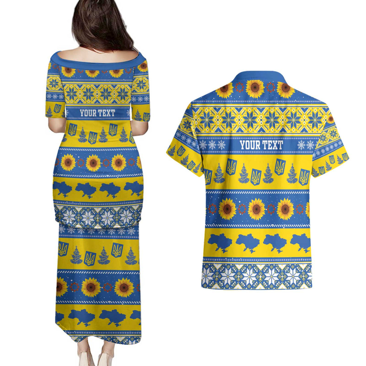 Personalised Ukraine Christmas Couples Matching Puletasi and Hawaiian Shirt Tryzub With Map Folk Pattern - Wonder Print Shop