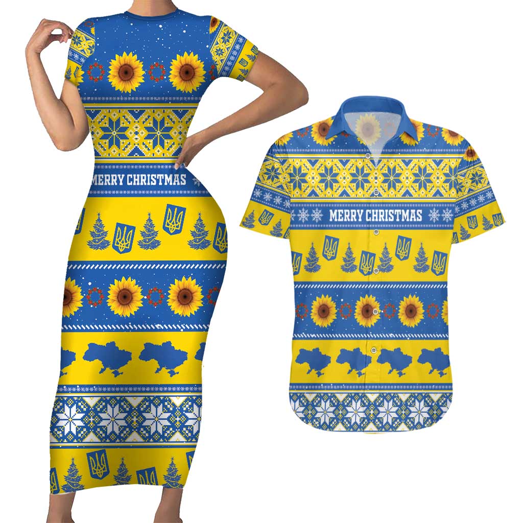 Personalised Ukraine Christmas Couples Matching Short Sleeve Bodycon Dress and Hawaiian Shirt Tryzub With Map Folk Pattern - Wonder Print Shop