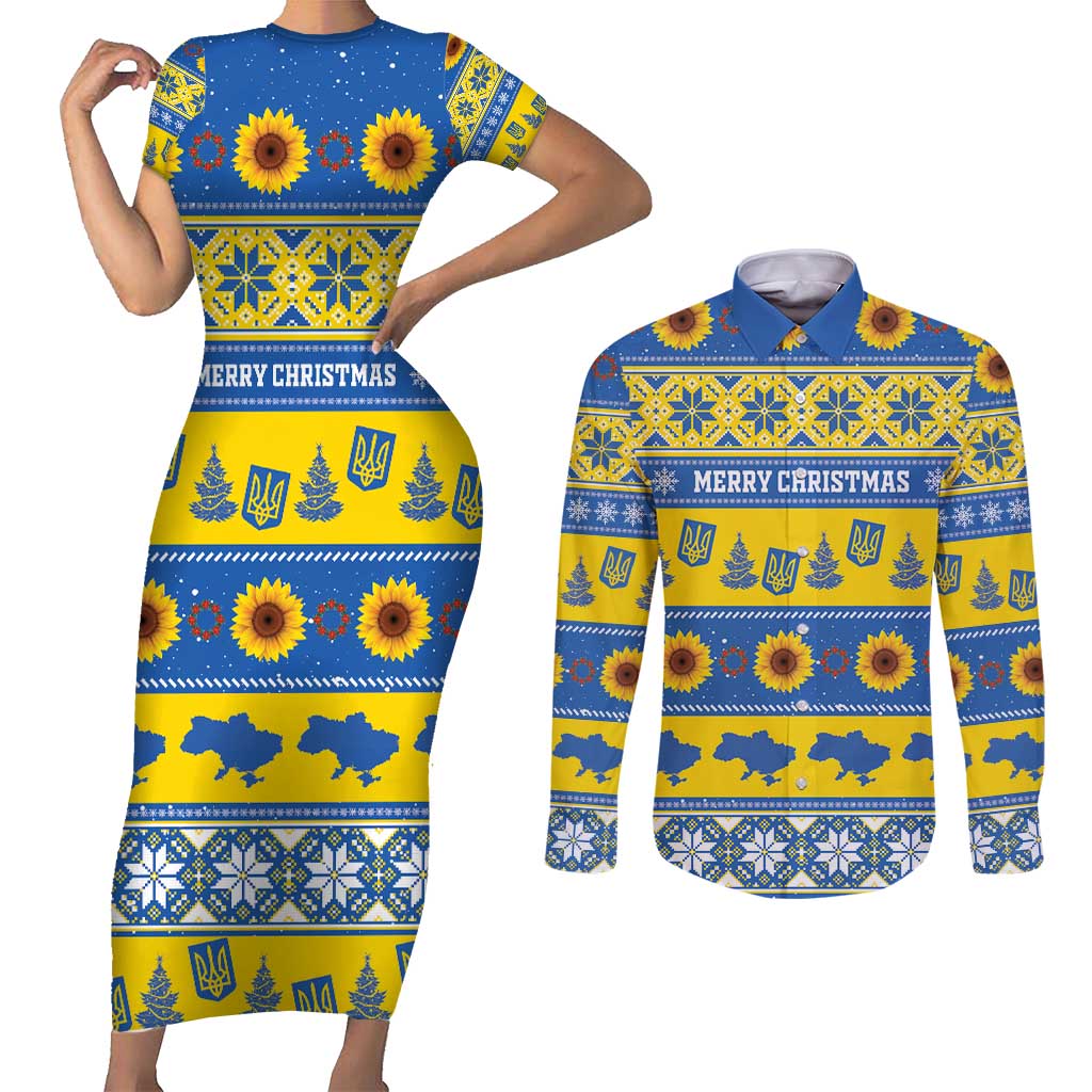 Personalised Ukraine Christmas Couples Matching Short Sleeve Bodycon Dress and Long Sleeve Button Shirt Tryzub With Map Folk Pattern - Wonder Print Shop
