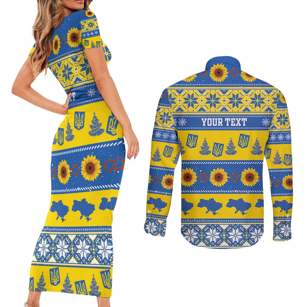 Personalised Ukraine Christmas Couples Matching Short Sleeve Bodycon Dress and Long Sleeve Button Shirt Tryzub With Map Folk Pattern - Wonder Print Shop