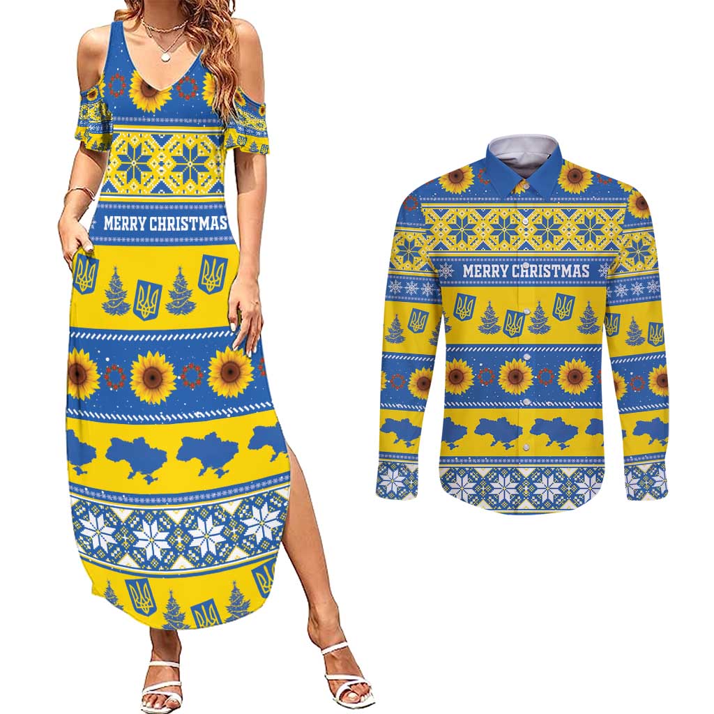 Personalised Ukraine Christmas Couples Matching Summer Maxi Dress and Long Sleeve Button Shirt Tryzub With Map Folk Pattern - Wonder Print Shop